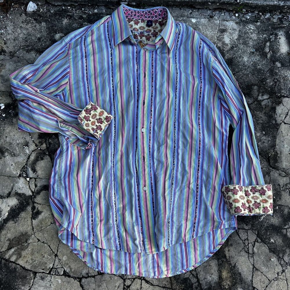 Robert Graham Rainbow Striped Flip Cuff Floral  100% Cotton Shirt Size L Large